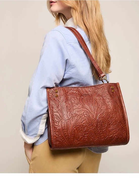 American Leather Co. Handbags - AMERICAN LEATHER CO Brandy Tooled Lenox Triple Entry Leather Tote Shoulder Bag